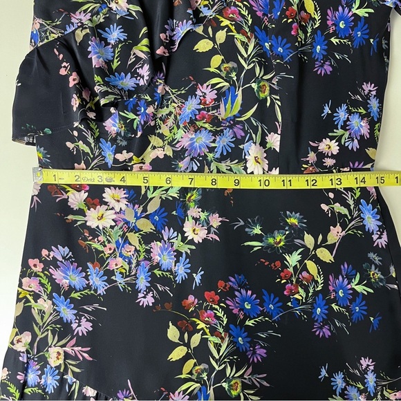 Parker One Sleeve Silk Black Asymmetric Ruffle Dress 6 Dark Floral Flounce - Picture 11 of 12